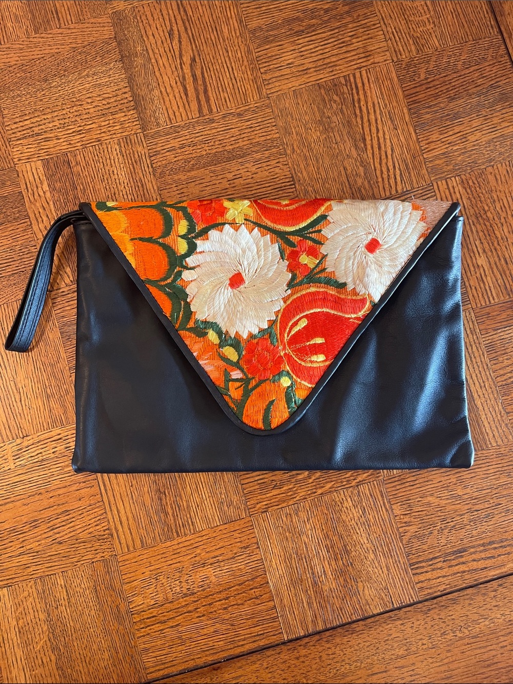 Black Wristlet Clutch with Orange and Cream Floral Embroidered Flap